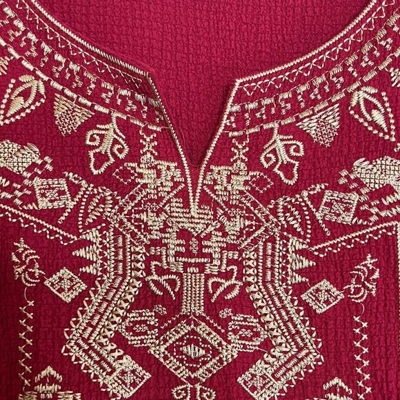Calessa Womens Tunic Top 2X Red Embroidered Boho Animal Print Mixed Fabric - Picture 3 of 9
